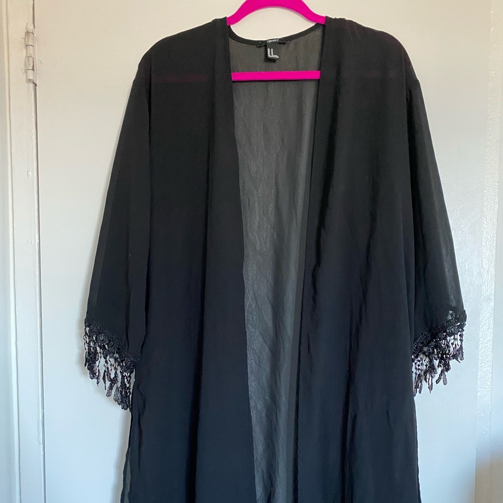 H&M black see through kimono with lace details.